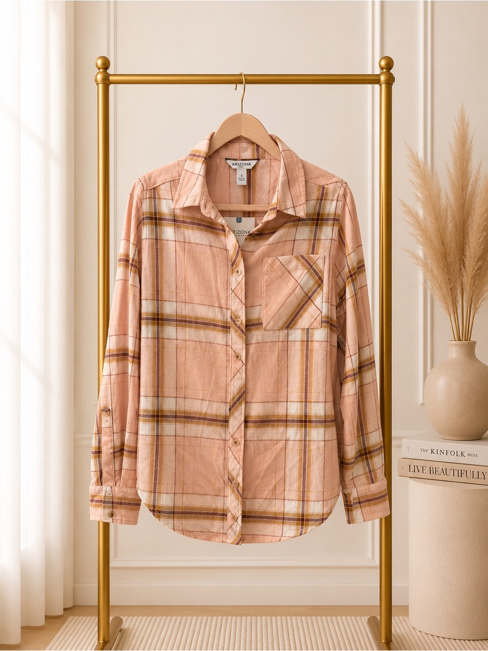 🔴 Arizona Jean Company Pink Plaid Button-Up Shirt Jacket